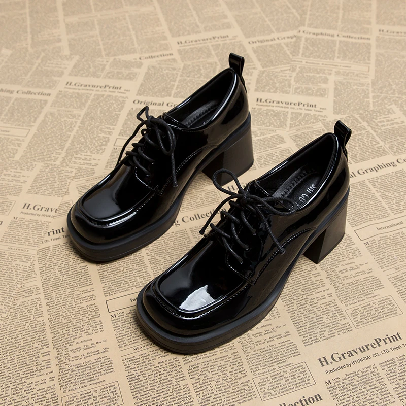 New British Style Lace-Up Square Toe Genuine Leather Shoes Women High Heels Comfortable Dress Work Fashion Pumps Female Black