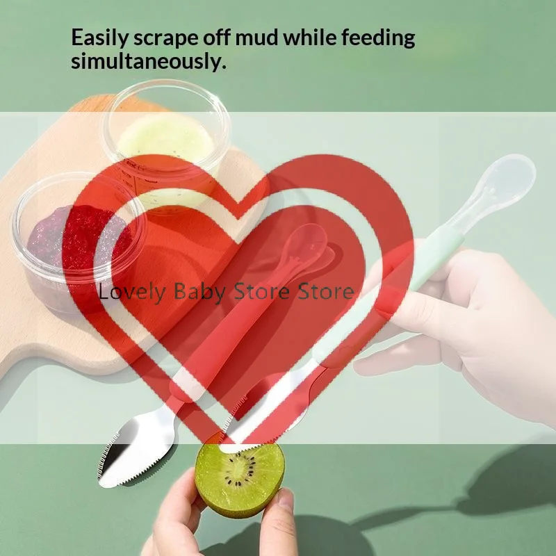 【BS】Double Head Baby Food Spoon Stainless Steel Fruit Scraper Silicone Tip Feeding Spoon For Infant Complementary Food Making