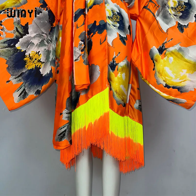 WINYI kimono moda boho letnie stroje plażowe letnie artystyczny nadruk osłona do Bikini sweter seksowne wakacje z długim rękawem sukienka z frędzlami