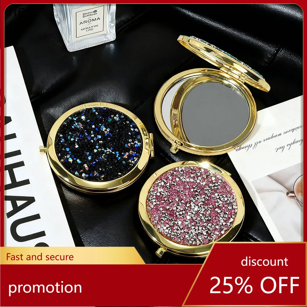 YFY  glitter round double-sided makeup mirror - portable compact mirror - metal folding mirror for women