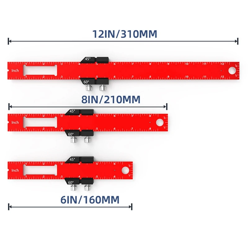 Herramientas de carpintería de 3 piezas, regla de bolsillo, herramienta de diseño, regla de precisión con topes deslizantes en T, pulgadas y escala métrica