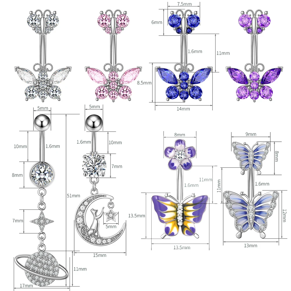 1 Stück Goldfarbener Kristall-CZ-Bauchnabelpiercing Schmetterling Biene Edelstahl Gebogener Bauchnabelring 14G Hängender Bauchnabelpiercing-Ring – Detail 7