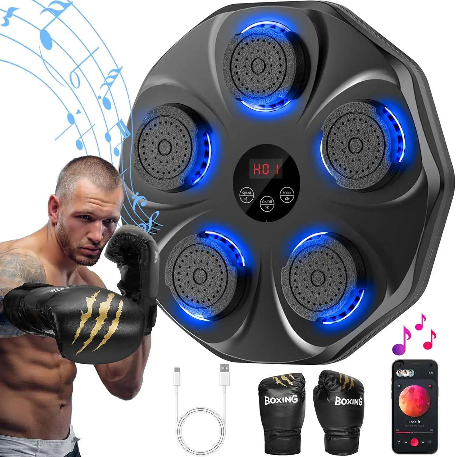 

Music Boxing Machine, Interactive Punching Trainer with Gloves, Wall-Mounted Electronic Target, 9 Modes & 9 Speeds
