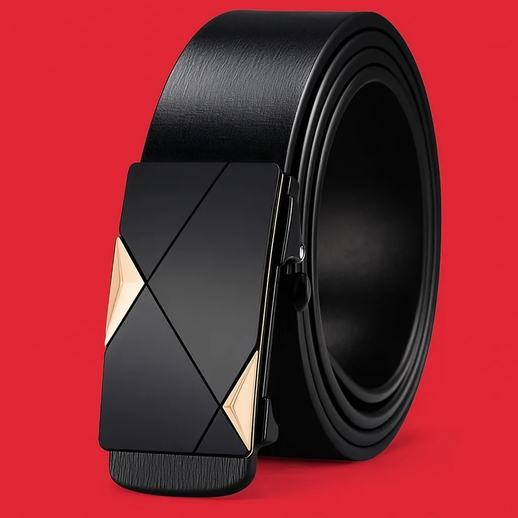

Men’s Luxury Automatic Leather Belt – Sleek Black with Gold-Tone Geometric Buckle | Stylish Formal & Business Wear