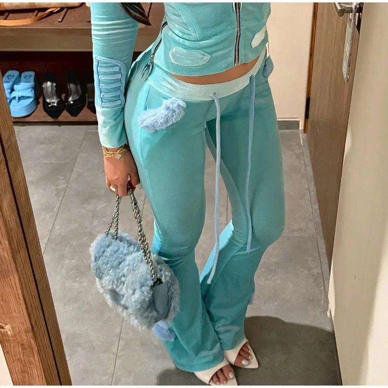 Damen-Hosen-Sets Kunstfell-Patchwork Langarm-Reißverschluss-Hoodies Mäntel Hochgeschnittene Schlaghosen Herbst Neue Schlanke Outfits für Frauen – Detail 15