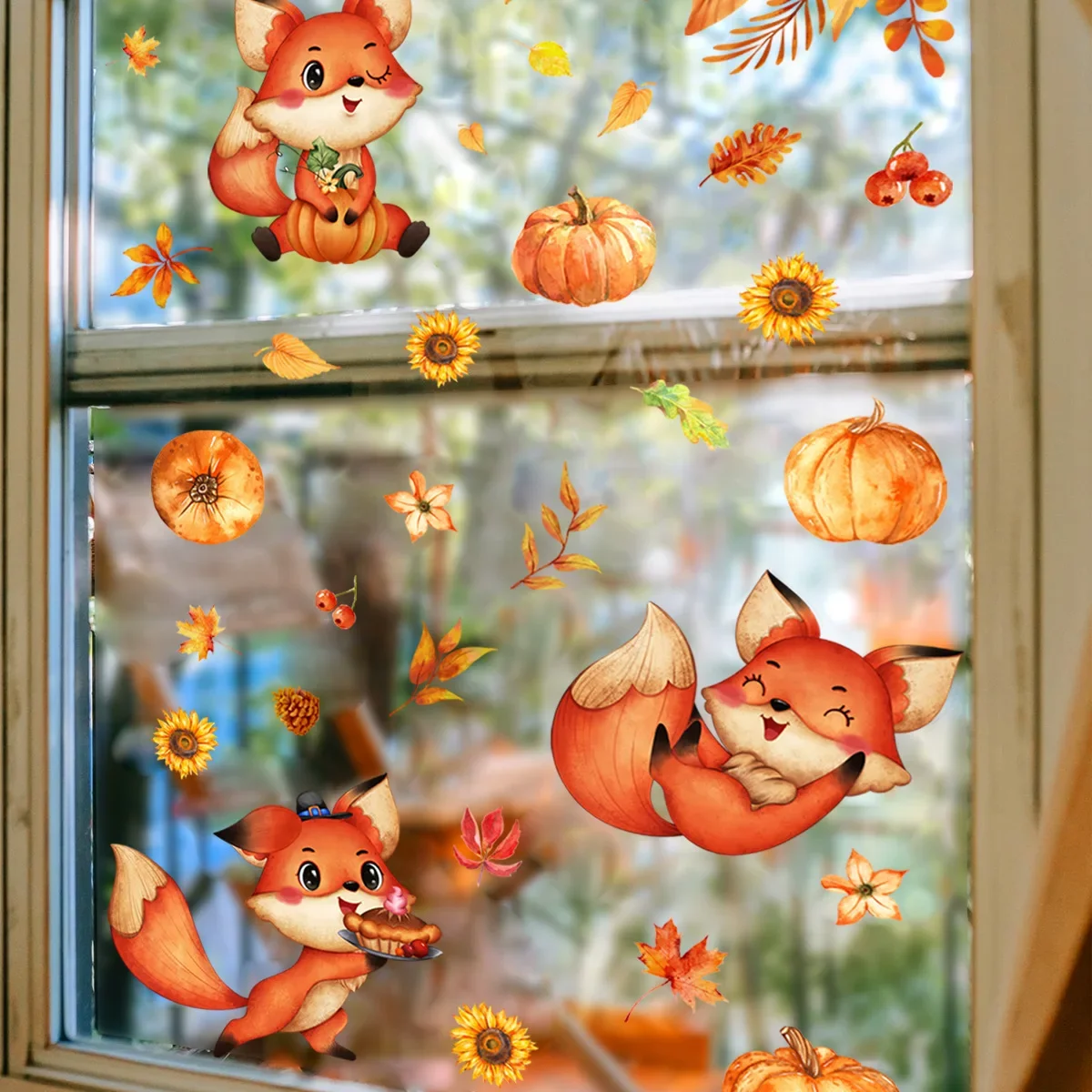 Golden Maple Leaf Window Sticker Autumn Pumpkin Fox Wall Sticker For Kids Room Decals Thanksgiving Autumn Wallpaper Home Decor