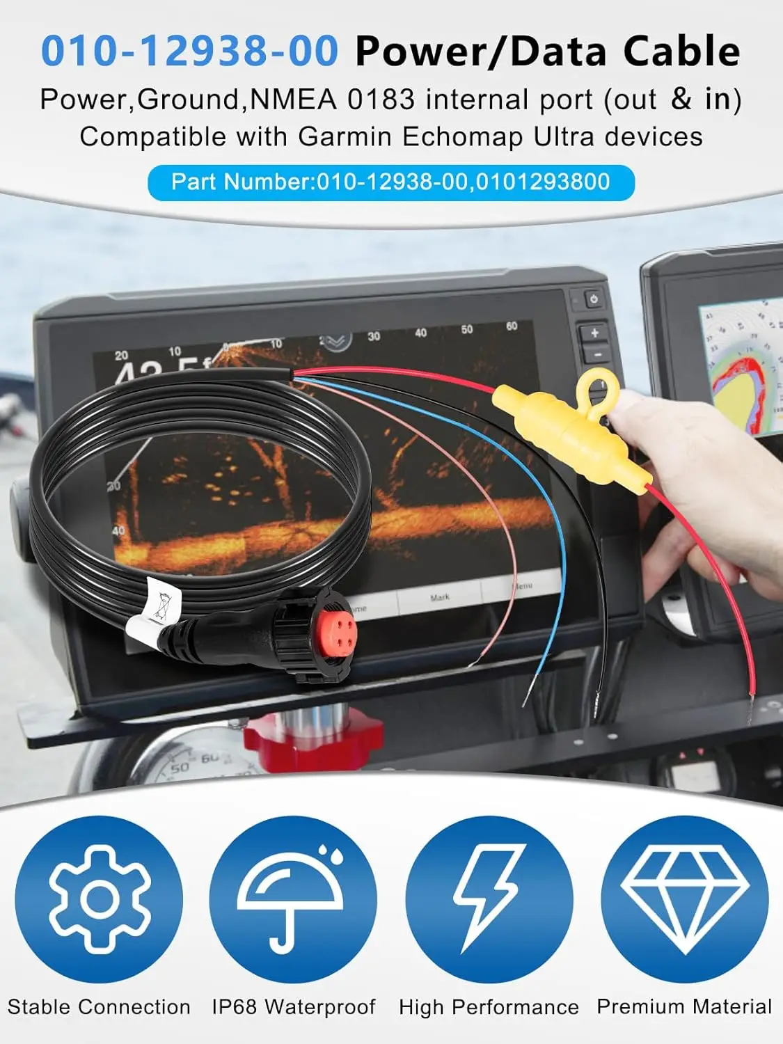010-12938-00 Power/Data Cable Repalcement for Garmin EchoMAP Ultra 102sv, 106sv, 122sv, 126sv; Ultra2 10’’ Chartplotters, Ultra2