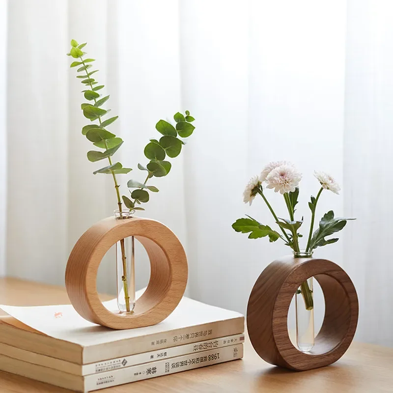 Round Walnut Wood Test Tube Vase– Minimalist Hydroponic Planter Decorative Flower Vase for Desktop