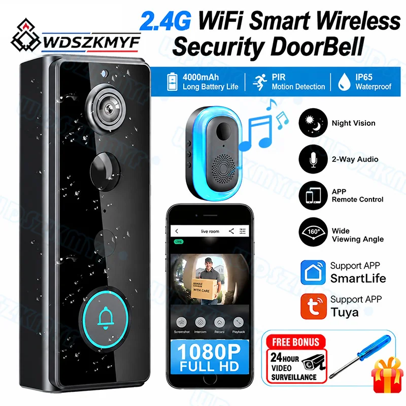 2.4G WiFi Video Doorbell 1080P Wireless Bell Tuya APP Smart Intercom Camera IP65 Waterproof Ring Bell with 4000mAh Battery