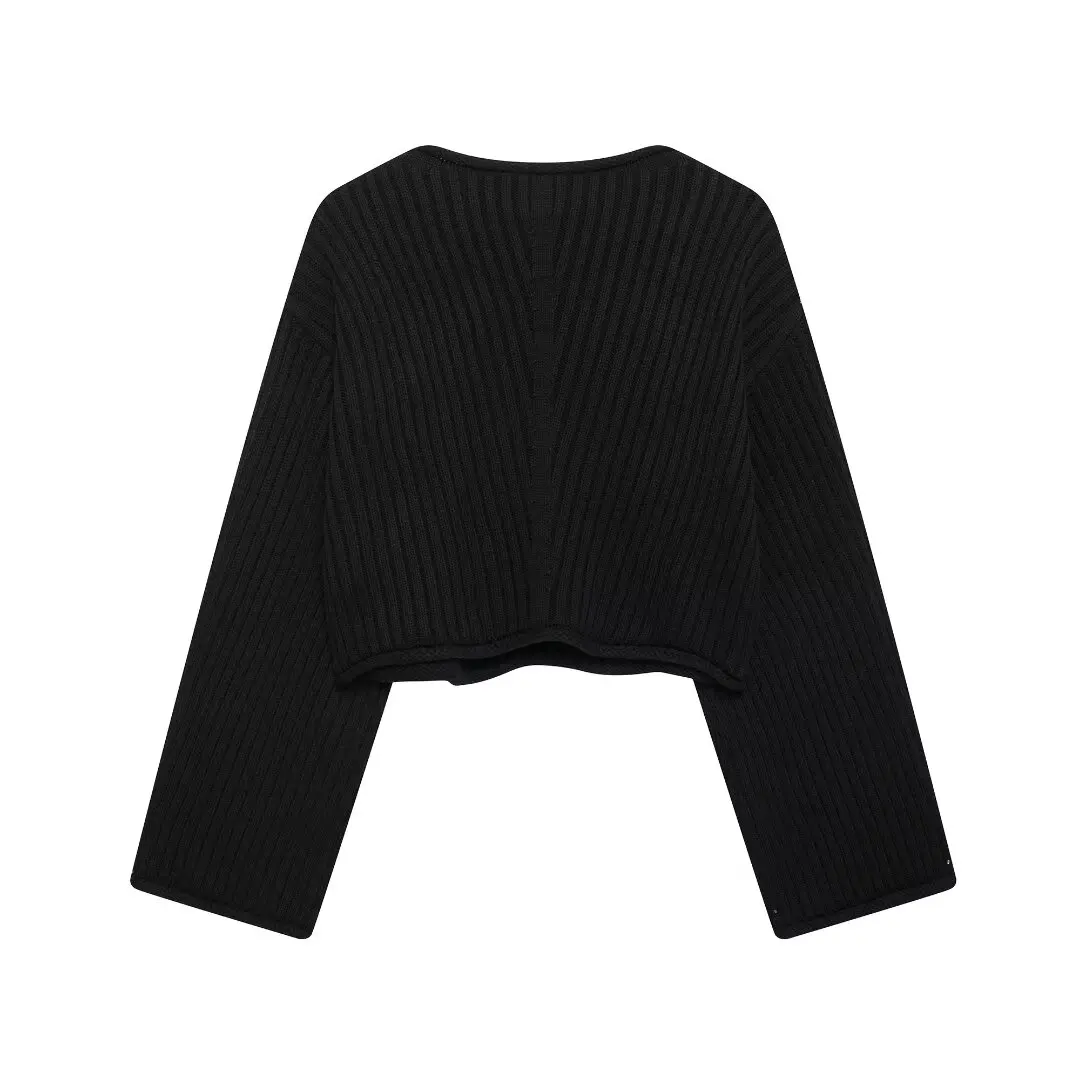 HH TRAF Women New Fashion Round Collar Long Sleeve Solid Knitted Pullover Sweater Women's Female Elegant Ribbed Short Sweater