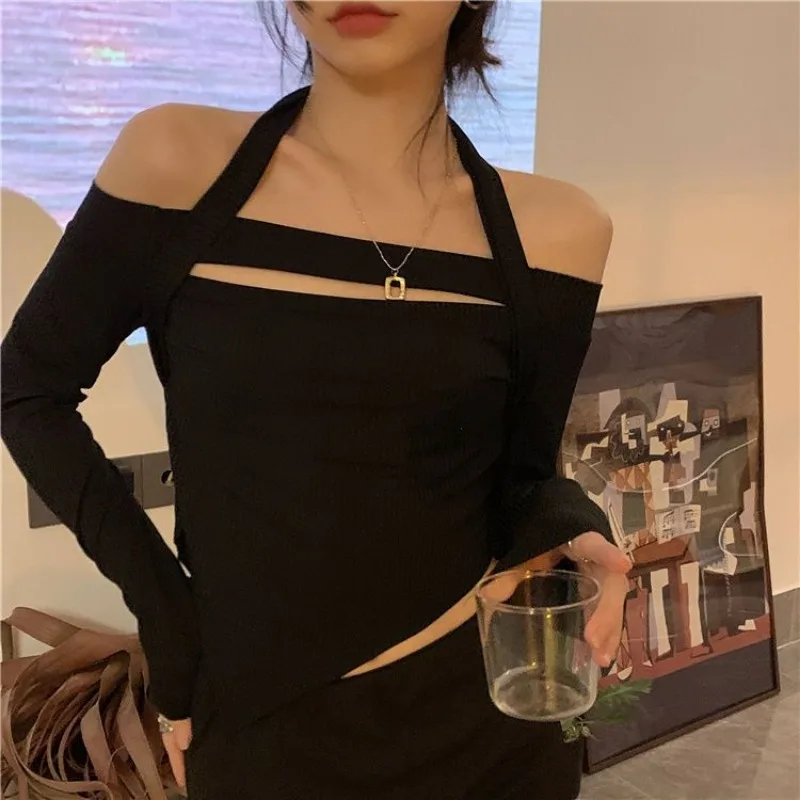 T-shirt a maniche lunghe Donna Slim Basic Halter Hotsweet Casual Primavera Dolce Stile College High Street Ins Harajuku Solido Ritagliato