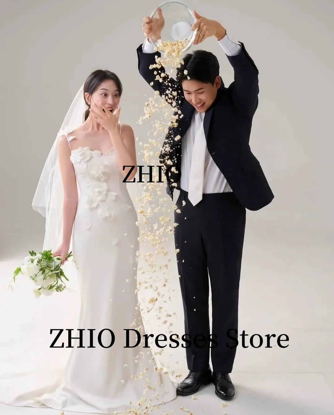 ZHIO Elegantes Hochzeitskleid mit Applikationen, Meerjungfrau, bodenlang, Sweep-Zug, Abendpartykleid, Korea, Fotoshooting, individuell gestaltet, einfach