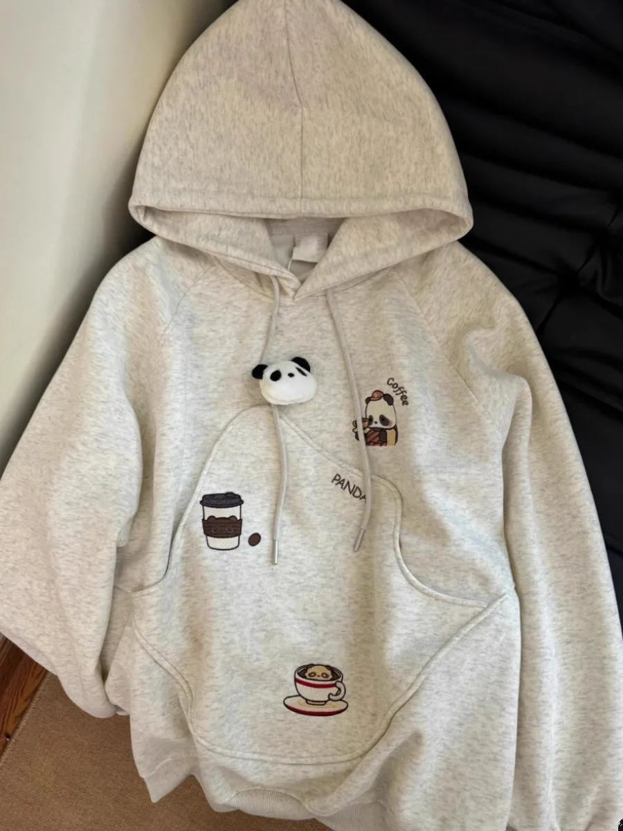 

2025 New Women's Oversized Hoodie Fleece Lined Panda Design Comfortable Lazy Style Top in Grey for Autumn Season
