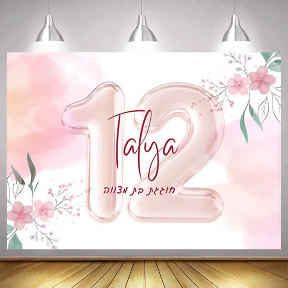 Pink Happy 12th Birthday Party Decoration Backdrop for Girls 12 Years old Bar Mitzvah High Resolution Background Personalizable