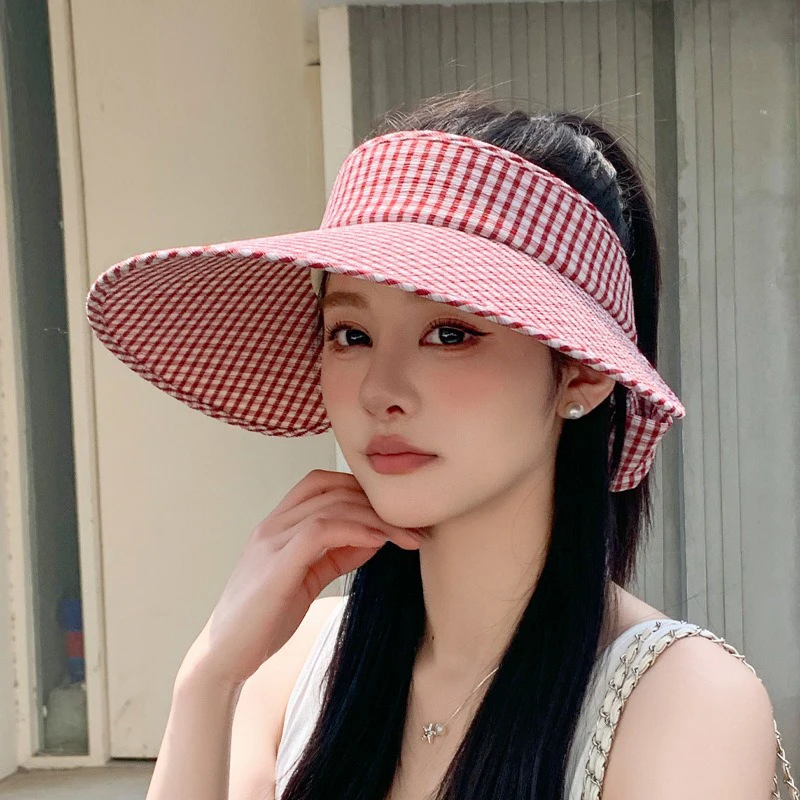 Chapeau de protection solaire d'été pour femmes, chapeau d'extérieur à carreaux frais, petit parfum, banderole à vent, nœud, grand bord, chapeau haut-de-forme vide