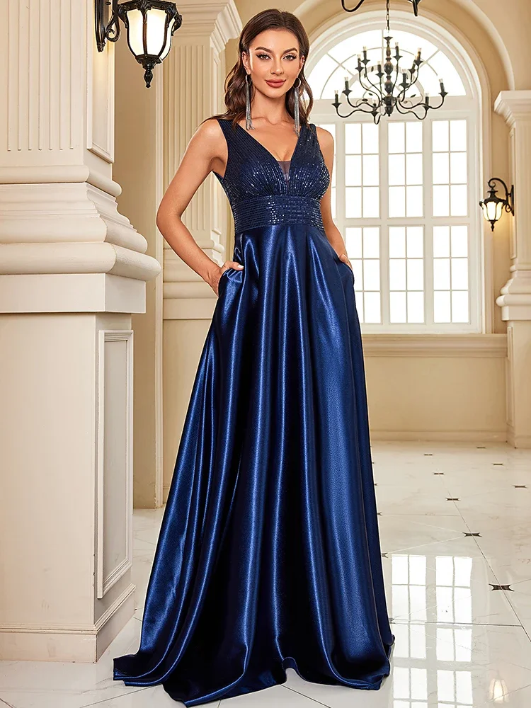 2024 Deep V-neck Elegant Sequins Evening Dress for WomenSatin Prom Party Dress Floor Length Formal Gowns