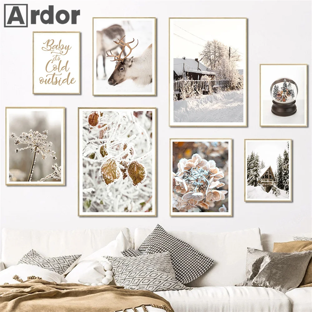 Winter Snow Forest Scenery Poster Wall Art Canvas Painting Christmas Elk Deer House Picture Modern Home Decor Prints Living R