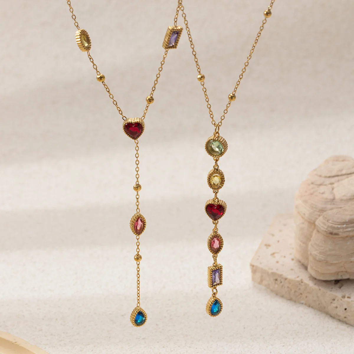 Collar de borla de circón de colores de acero inoxidable, collares largos de lujo con colgante de perlas en forma de corazón, borla de circón, joyería que no se decolora
