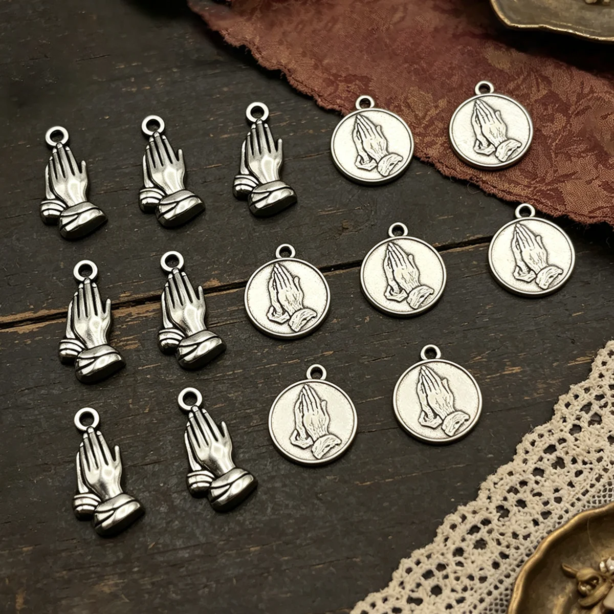 14-Piece Set of Praying Hands DIY Handmade Accessories, Featuring Two Styles: Three-Dimensional Praying Hands and Round Embossed Praying Hands, Suitable for DIY Bracelets, Necklaces, Earrings, Pendants, and Handmade Beaded Decoration Accessories