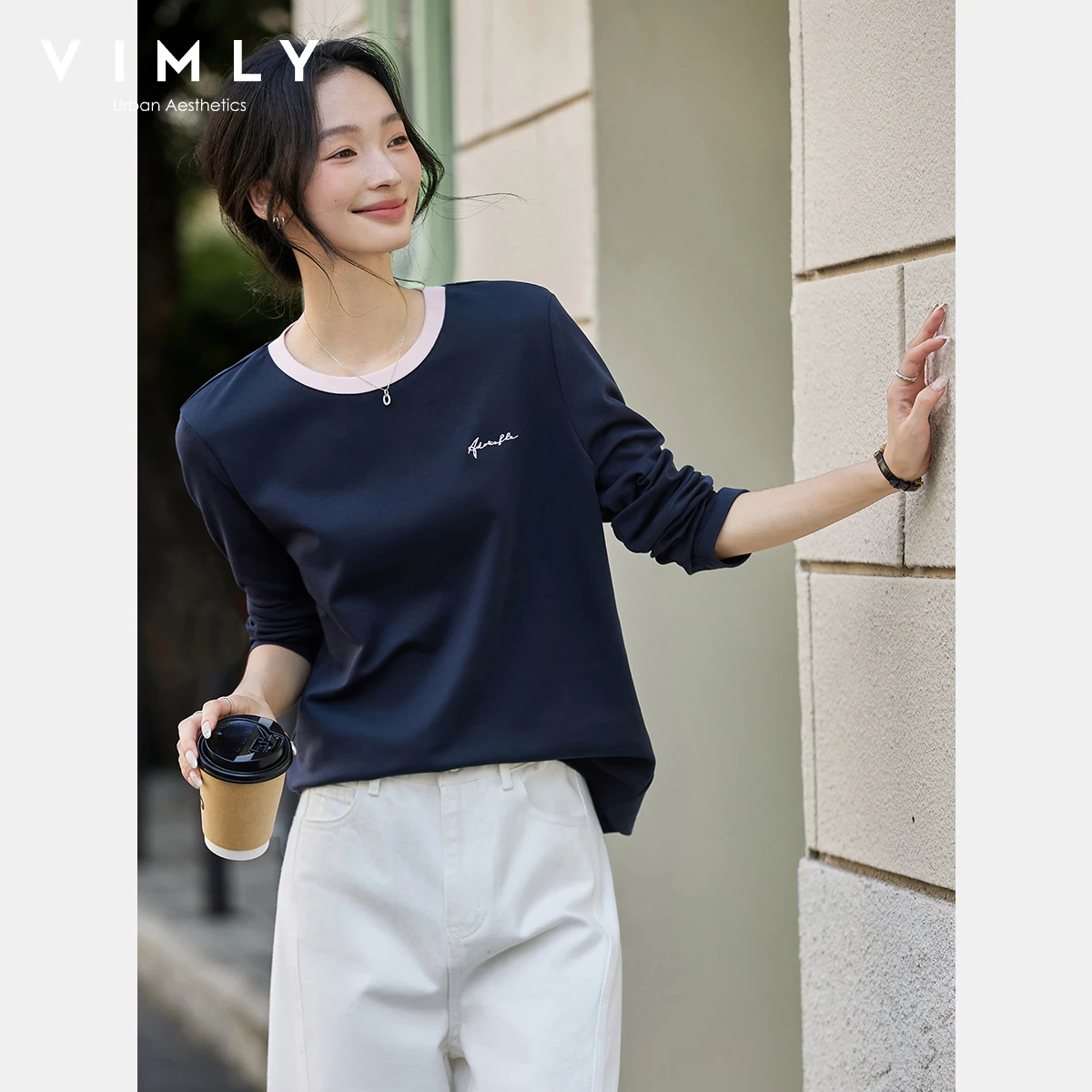 

VIMLY темно-синие женские футболки с длинным рукавом, осень 2022, повседневная футболка с вышивкой букв и круглым вырезом, прямые вязаные женские топы A2058