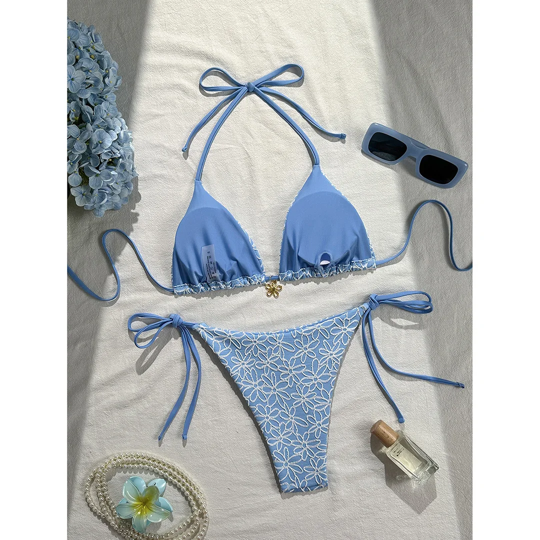 Blumenmuster, Neckholder, hoch geschnittene Beine, Bikini, Damen-Badebekleidung, zweiteiliger Bikini-Set, Badeanzug, Badebekleidung, Schwimmbekleidung V7127 – Detail 17