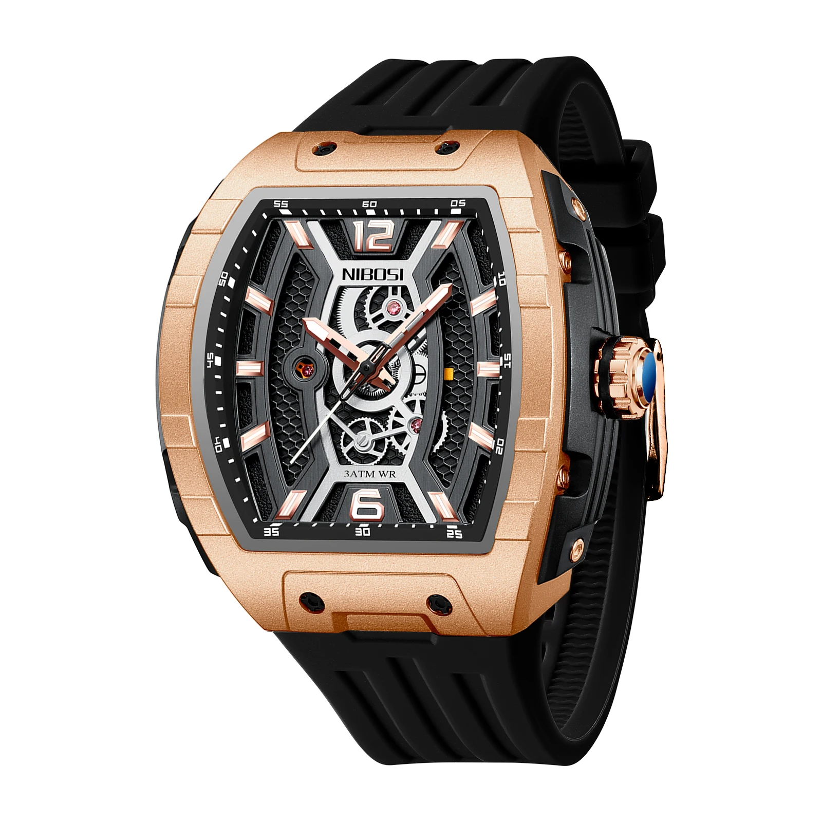 

NIBOSI модные мужские кварцевые часы со скелетом Tonneau Face водонепроницаемые модные аналоговые спортивные повседневные наручные часы силиконовый ремешок Reloj