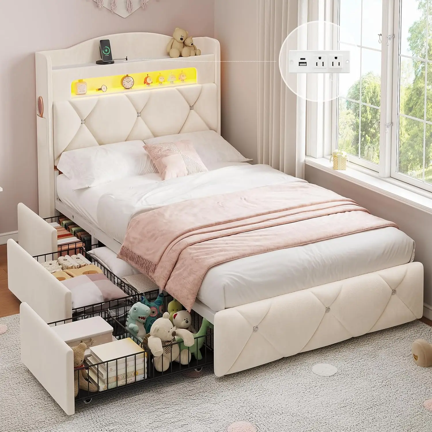 

Twin Bed Frame with 3 Large Storage Drawers Storage Headboard with LED Lights Power Outlets Tufted Velvet Upholstered Princess