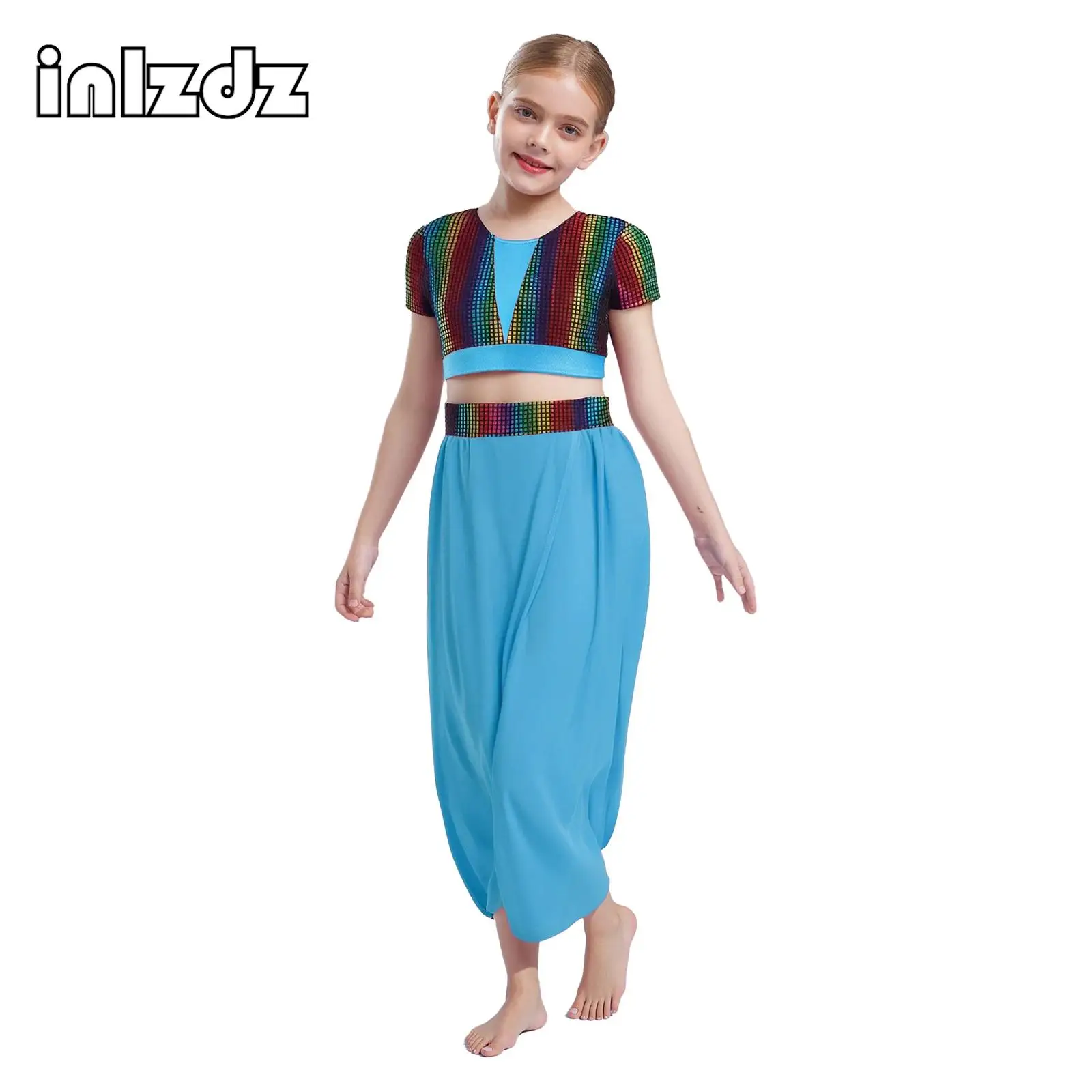 

Kids Girls Jazz Dance Set Color Block Small-Check Metallic Crop Tops with Elastic Waistband Pants Outfits for Stage Performance