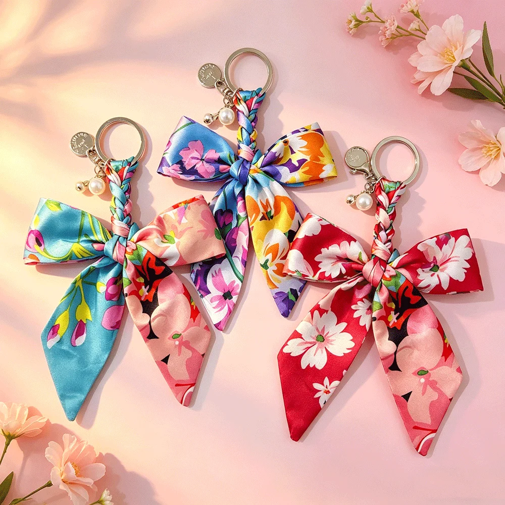 Kreative Schals, Schmetterlings-Schlüsselanhänger, Blumen-Druck-Anhänger, Schlüsselring, Rucksack-Anhänger, Accessoire für Damen-Taschen mit Kette, Geschenk – Detail 3