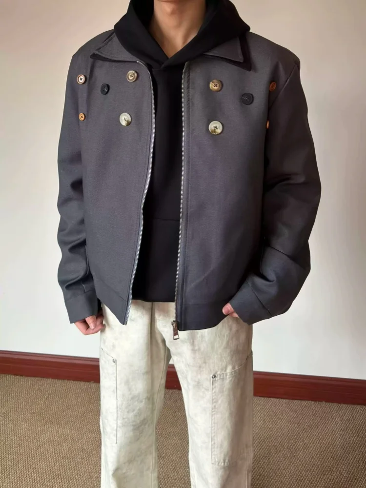

Niche Retro Design Button Fake Two Pieces Double Collar Jacket For Man Short Handsome Fashionable Loose In Autumn Coat
