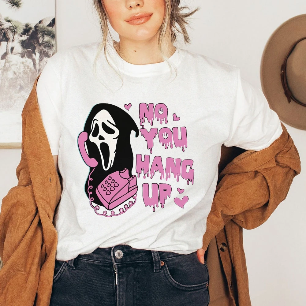 No You Hang Up Halloween Ghost Phone Women's Short Sleeve Tee Spooky Season Death Ladies Tops Trendy Stylish Gothic Y2k Tshirt