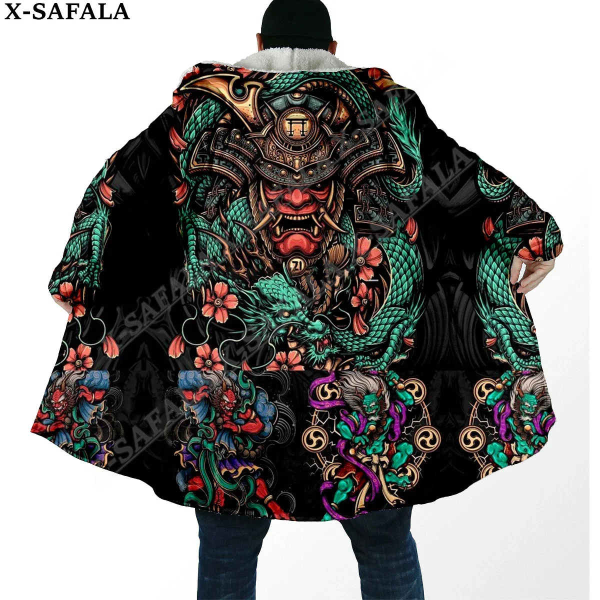 

Japanese Samurai Oni Mask Tattoo Warrior Overcoat Coat 3D Print Thick Warm Hooded Cloak Men Windproof Fleece Unisex-6