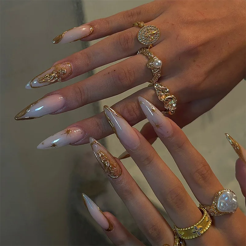 

24pcs 3D Stereoscopic Golden Angel Press on Nails Sun Simple Nails Full Cover Wearable False Nails