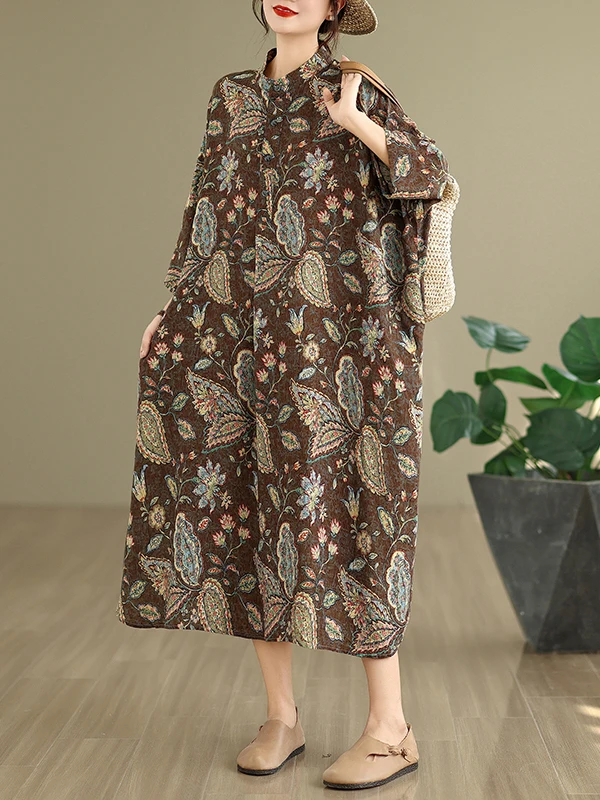 Rétro coton lin imprimé col montant ample Maxi Dr pour les vacances automne nouveauté Ele artistique grande taille femmes Dr
