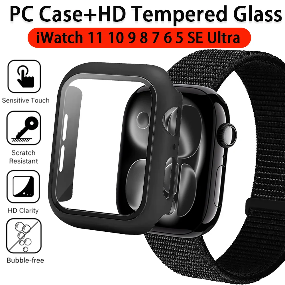 PC-Gehäuse+HD-Glas für Apple Watch Ultra 3 2 49mm 11 10 46mm 42mm Stoßfänger-Displayschutzabdeckung iWatch 9 8 7 6 5 SE 45/41mm Hülle