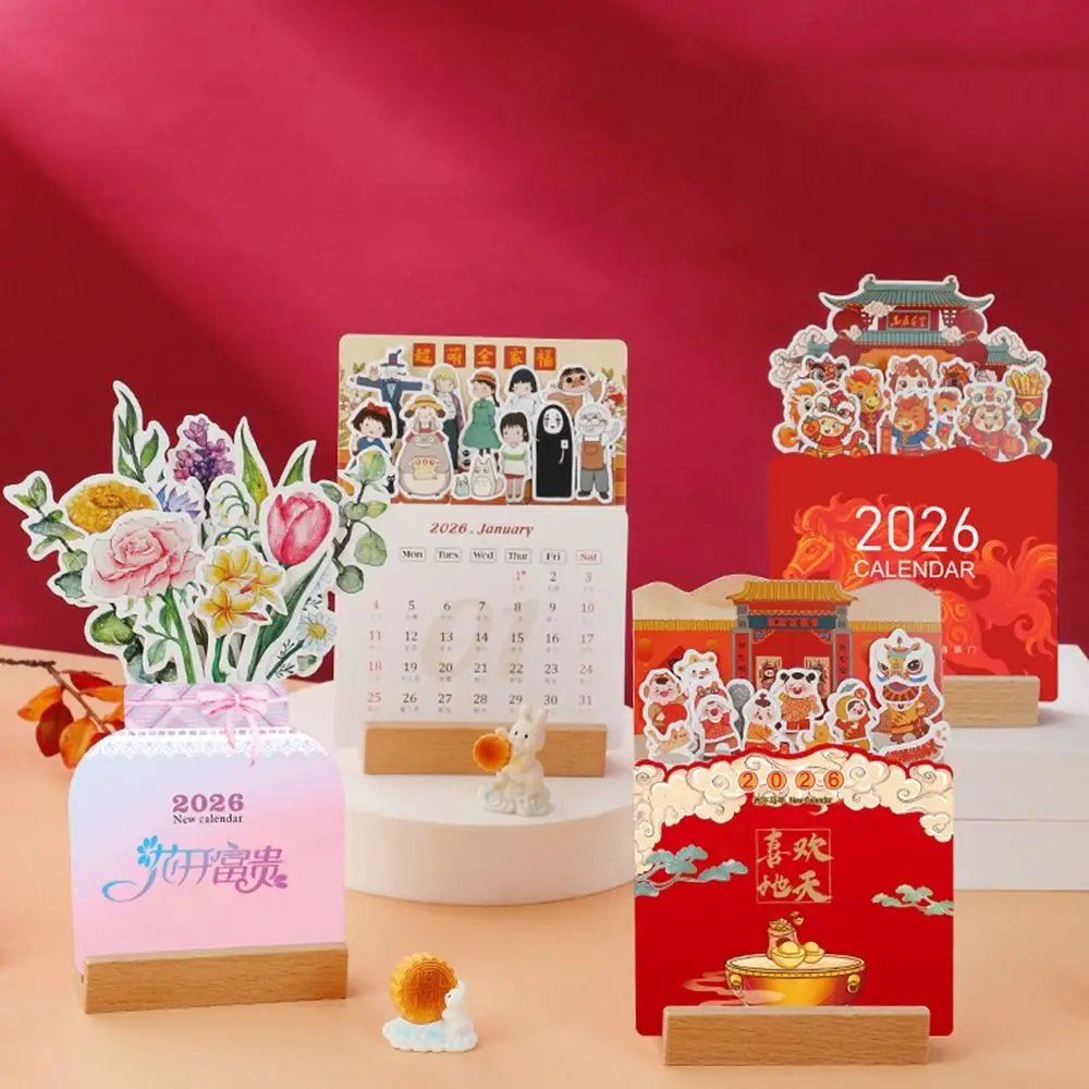 

Wooden Base 2026 Desktop Calendar Detachable Base Floral Theme Bloomy Flowers Desk Calendar Vase Shaped DIY Monthly Planner