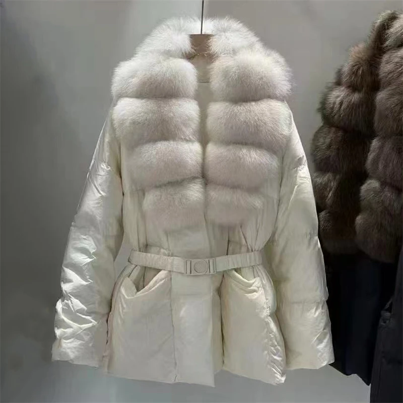 High-Quality Winter Women's Fox Fur Collar Waist-Cinching Puffer Jacket Y2K Stylish Casual Thick Warm Coat 2025