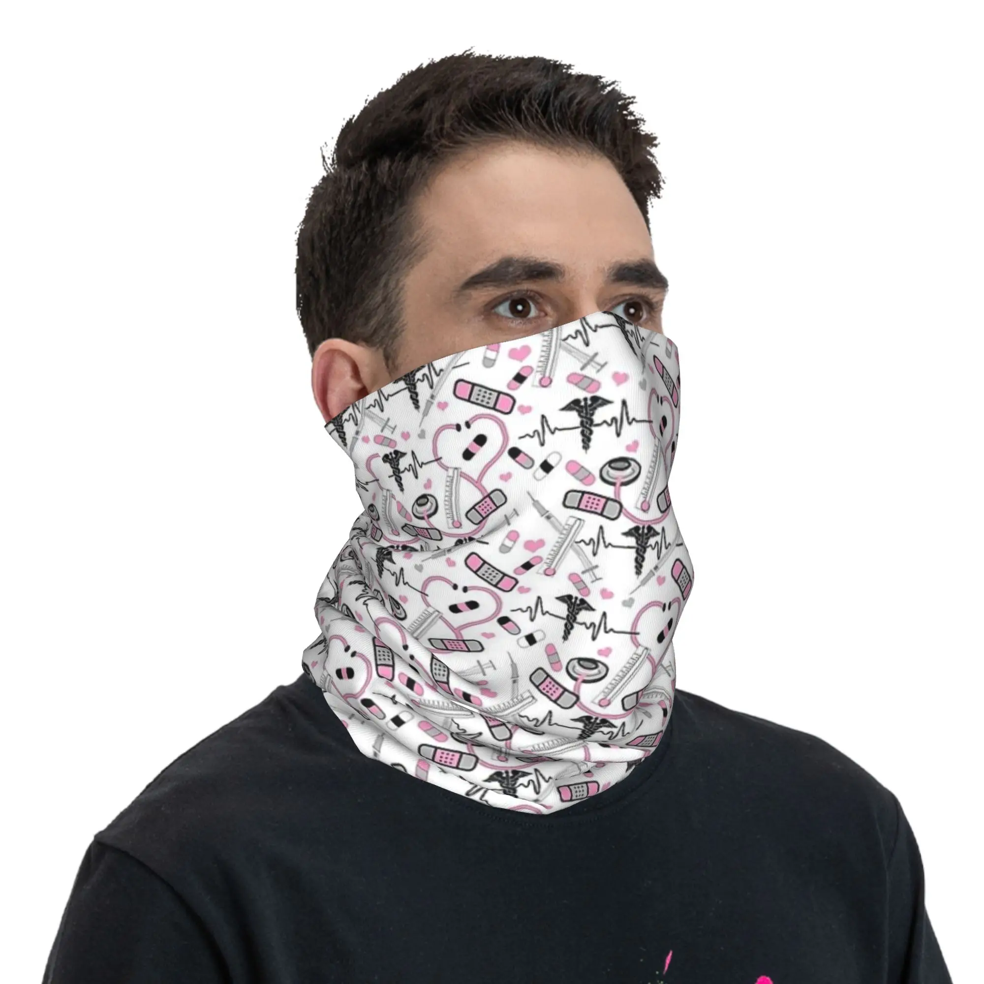 Cute Stethoscope Nurse  Doctor EKG Pattern Bandana Neck Gaiter Printed Magic Scarf Cycling Scarf Cycling for Men Women Washable