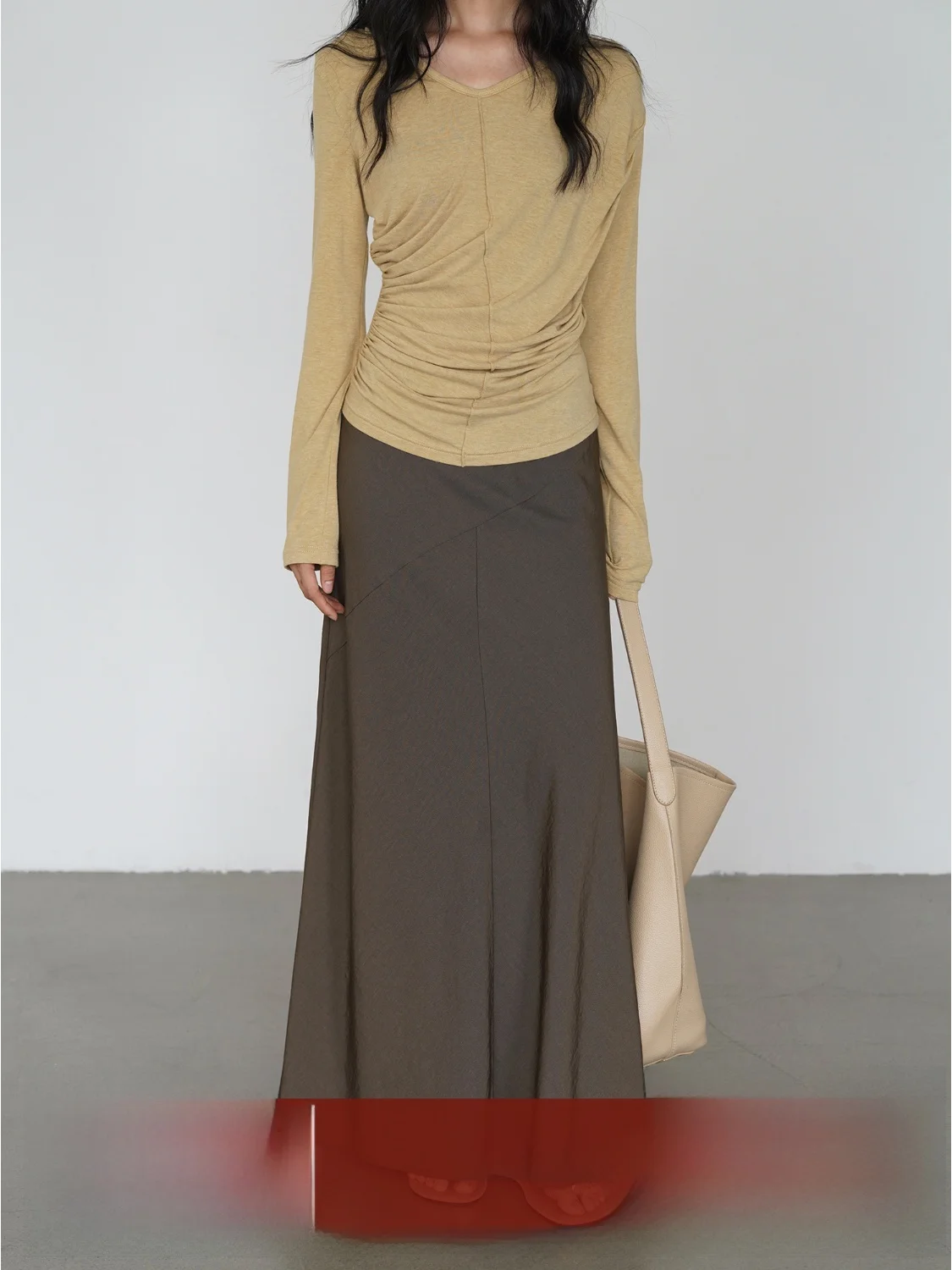 

EIGHTHMONTH Women's Deep Brown A-Line Skirt Casual Drapey Midi Skirt Spring Versatile Loose Fit High Waist Polyester Blend