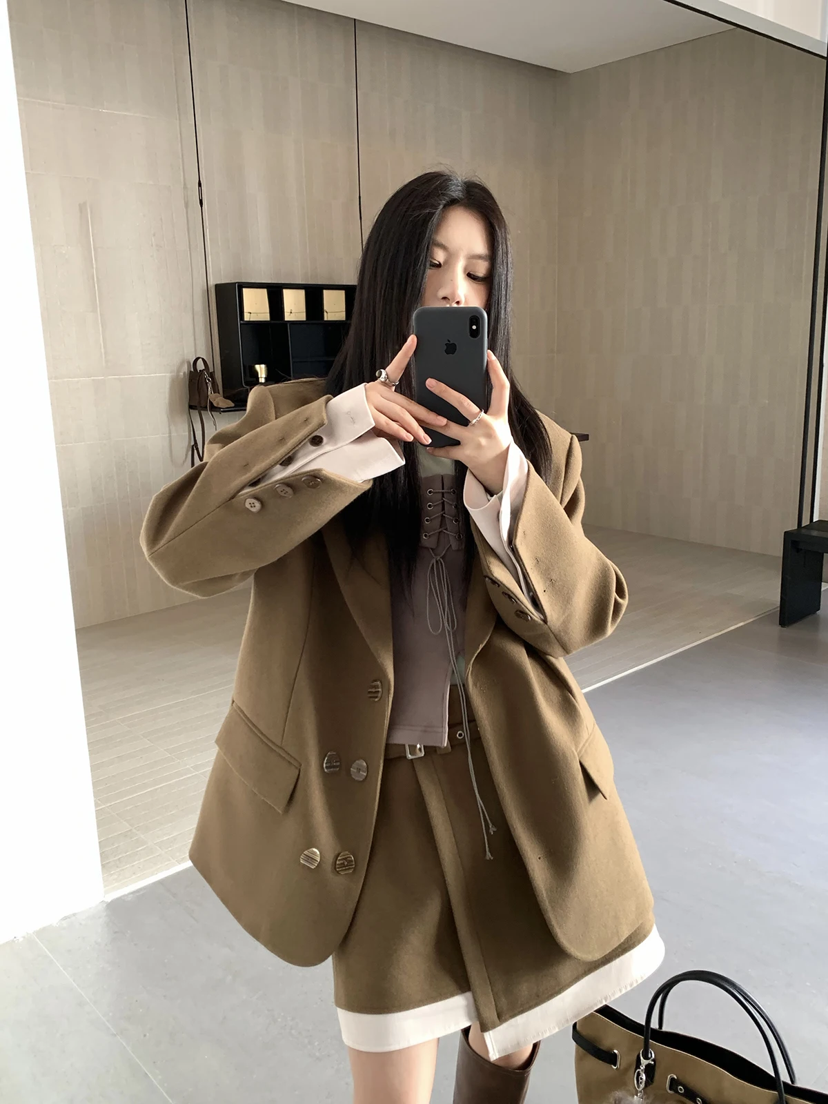 

Новый модный женский костюм-двойка Joeyoo: пиджак и юбка с завышенной талией, цвет кофе, приталенный крой