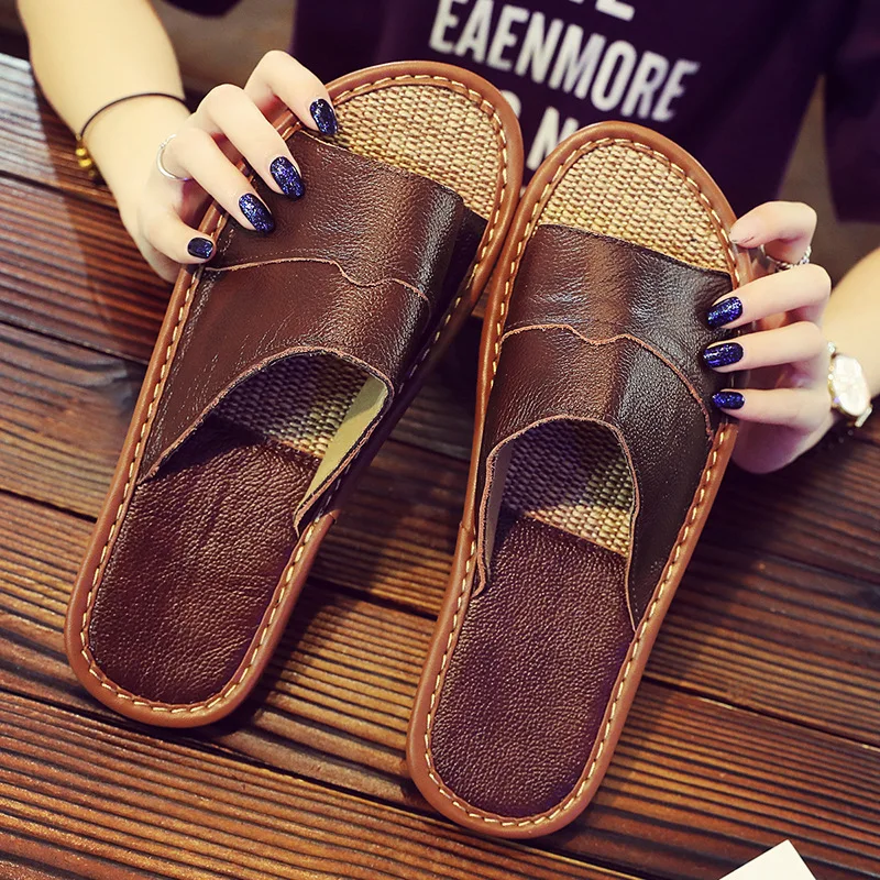 Couple Slippers Genuine Leather Cowhide Men Women\'s Slippers Spring Summer Non-Slip Flats Shoes Comfortable Soft Beach Shoes