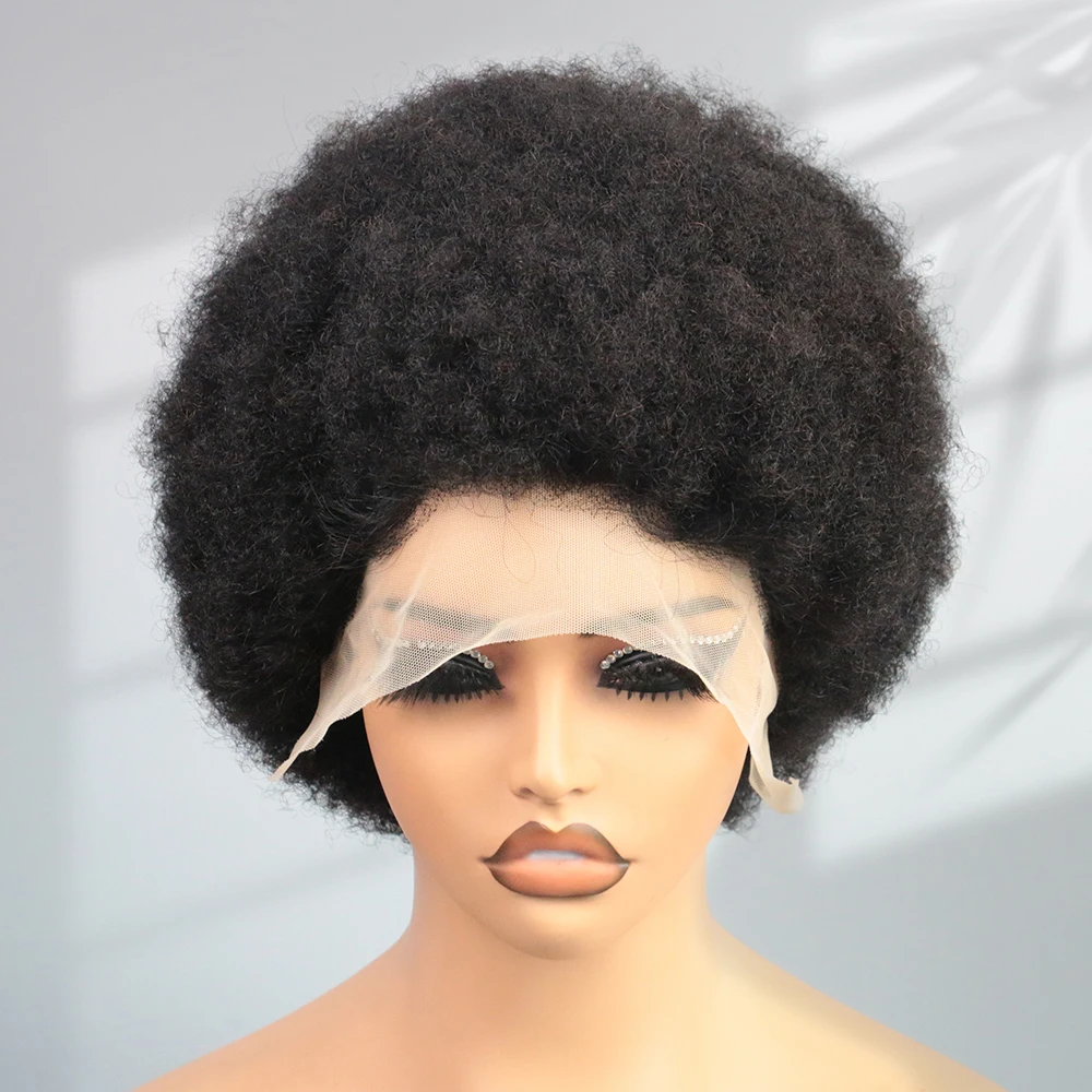 Perruque Bob Lace Front Wig brésilienne Remy naturelle, cheveux crépus bouclés, afro, 13 age, densité 200, naissance de cheveux naturelle