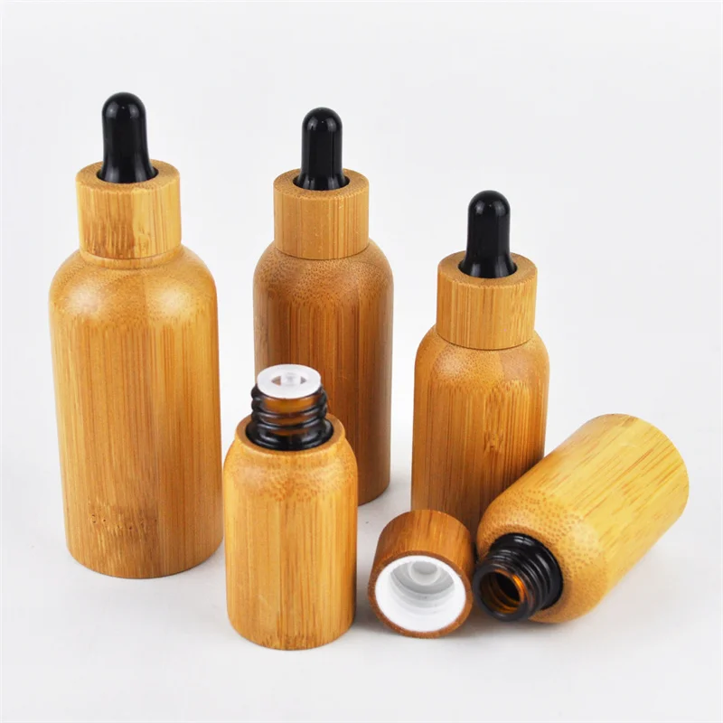 50Pcs Luxury Recycled Bamboo Cover CBD Essential Oil Dropper Bottles with Pipette 15/30/50ml Cosmetiquera Bottles for Liquids CN