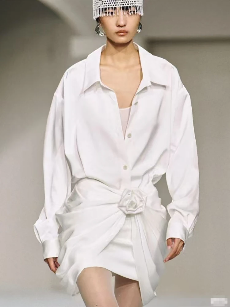 

New Arrival Women White Long-Sleeve Shirt Dress with Unique Waist Wrap Design Flower Detail Stylish Office Casual Party Wear