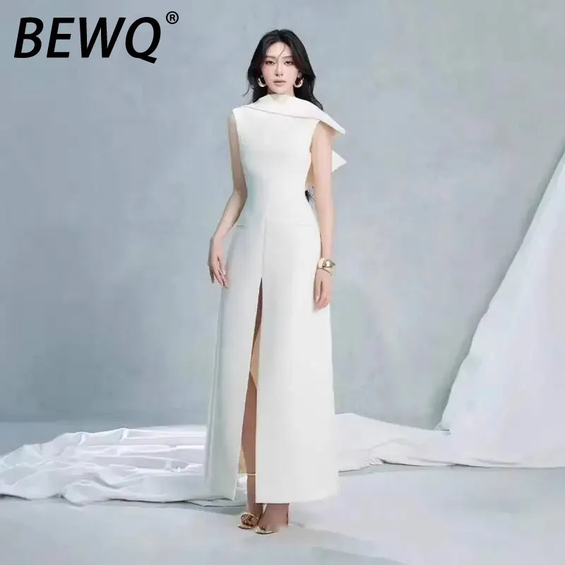 BEWQ femmes mode élégant Patchwork sans manches fendu Satin taille haute robe de soirée 2025 automne nouveau