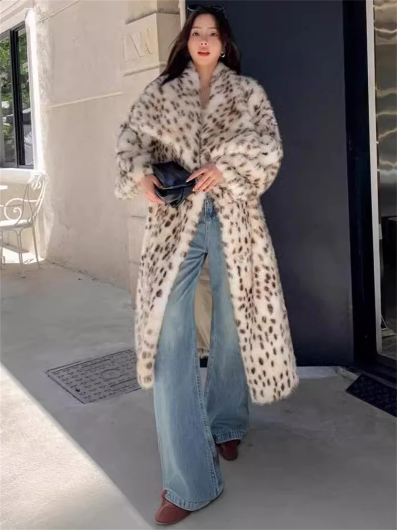 S-9XL Winter Thick Warm Big Turn-down Neck Yellow Dot Windbreaker Coat Women Faux Mink Fur Leopard Long Overcoat Loose Trench