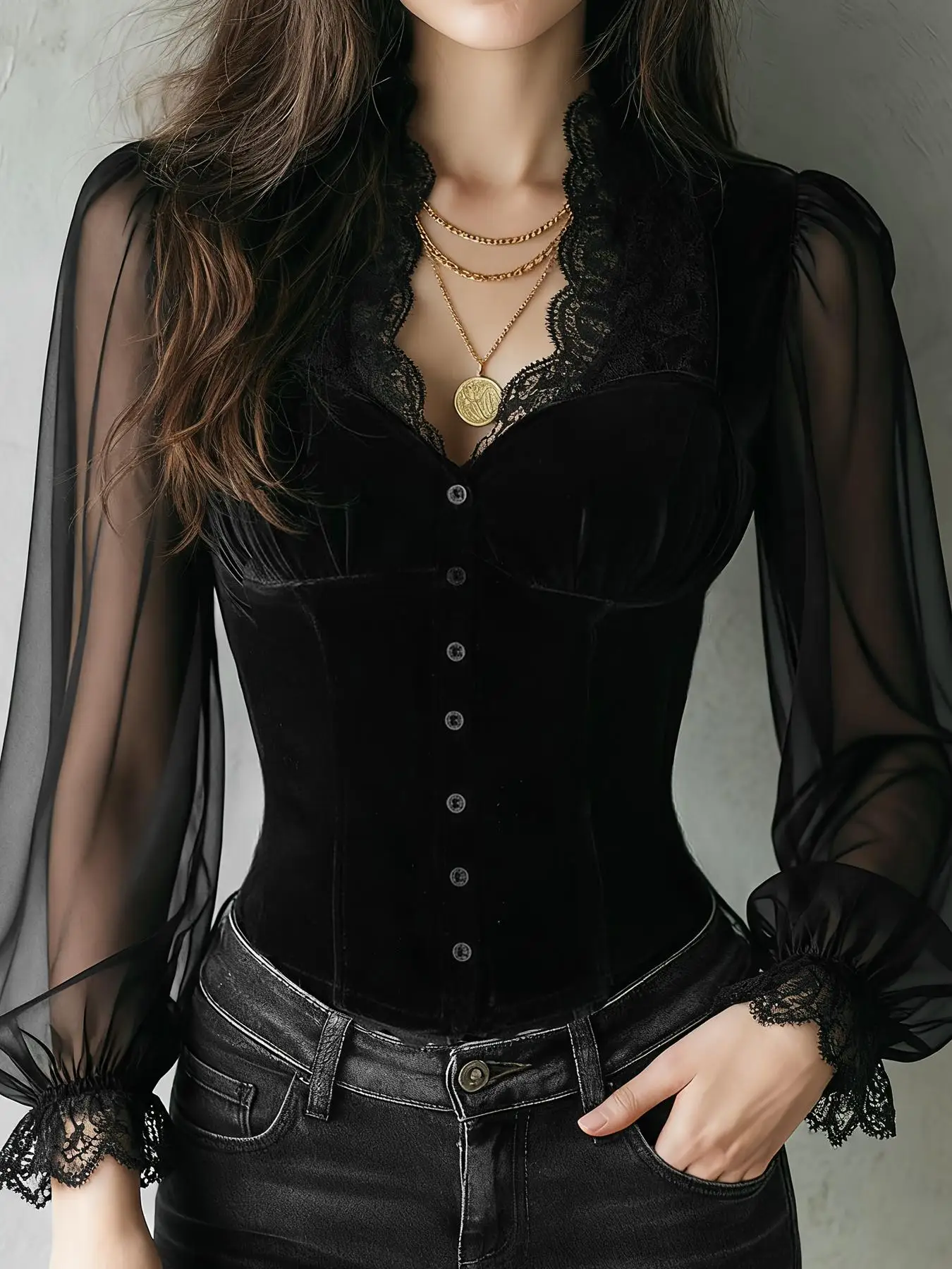 Ladies Solid Color Lace Trim Fitted Shirt Top with Button Placket Transparent Bubble Long Sleeves Lace Collar And Cuff