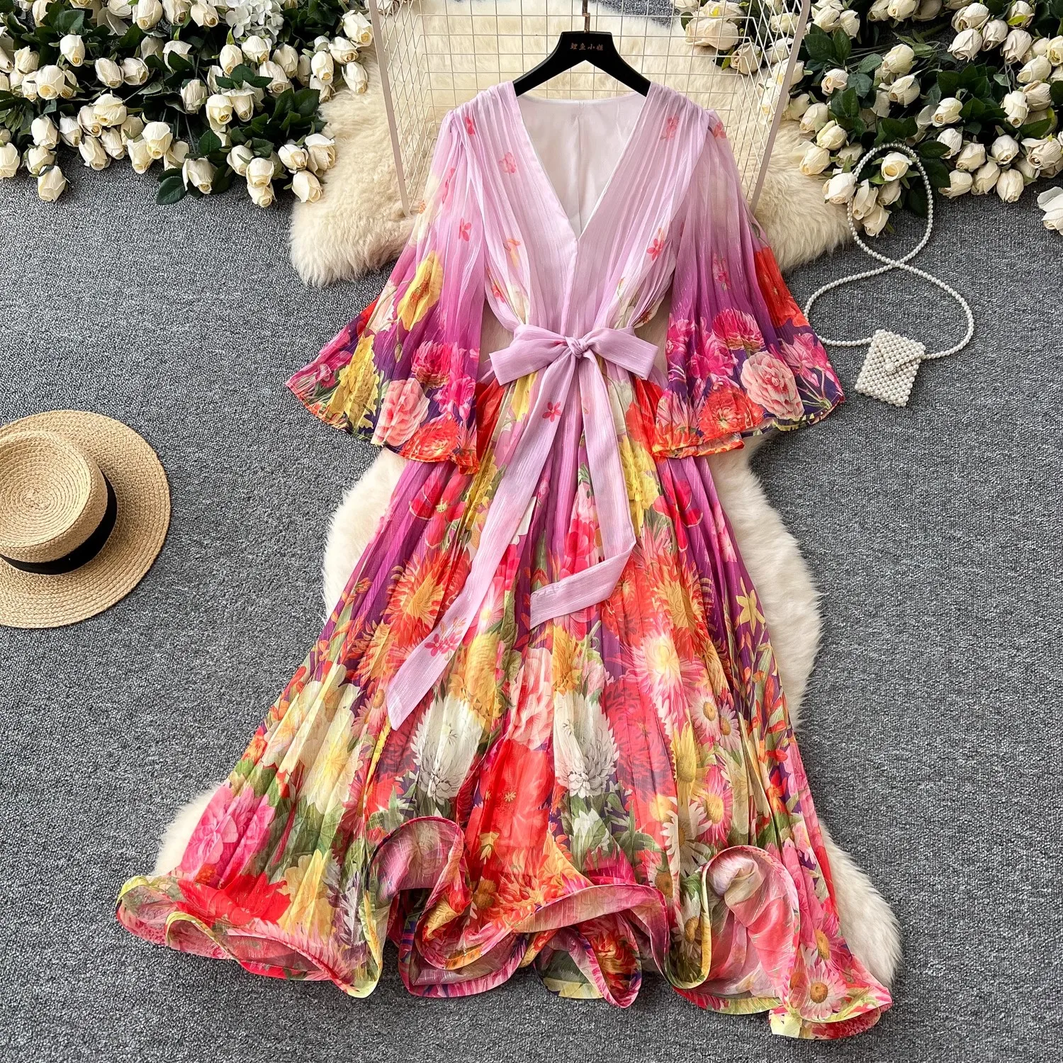 2025 New Spring Summer V Neck Flare Sleeve Print Flower High Quality Shaped Waves Pleated Loose Casual Party Boho Dresses