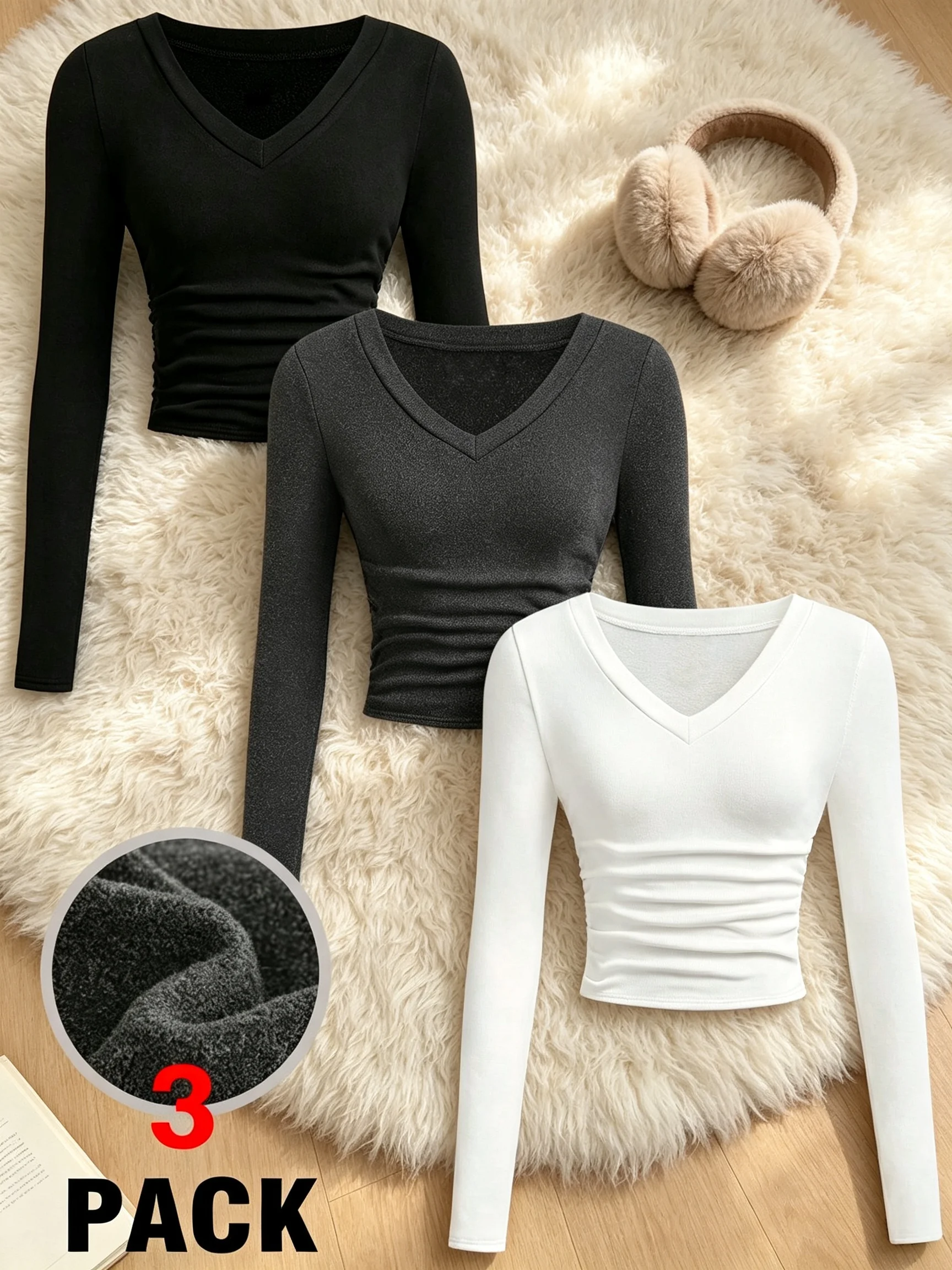 Women 3 Pack V Neck Thermal Fleece Top Long Sleeve Side Ruched Slim Fit Crop Tee Warm Fall Winter Casual Sexy Basic Shirt