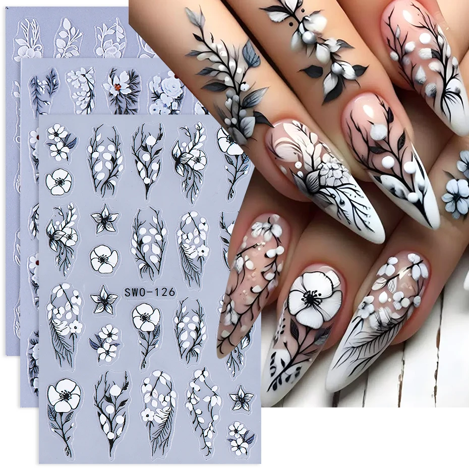 3 Stück weiße Blumen-Nagelaufkleber, elegante Spitze, Rose, Blumenblätter, Blätter, Nagelaufkleber, DIY, selbstklebender Slider, Maniküre-Dekoration